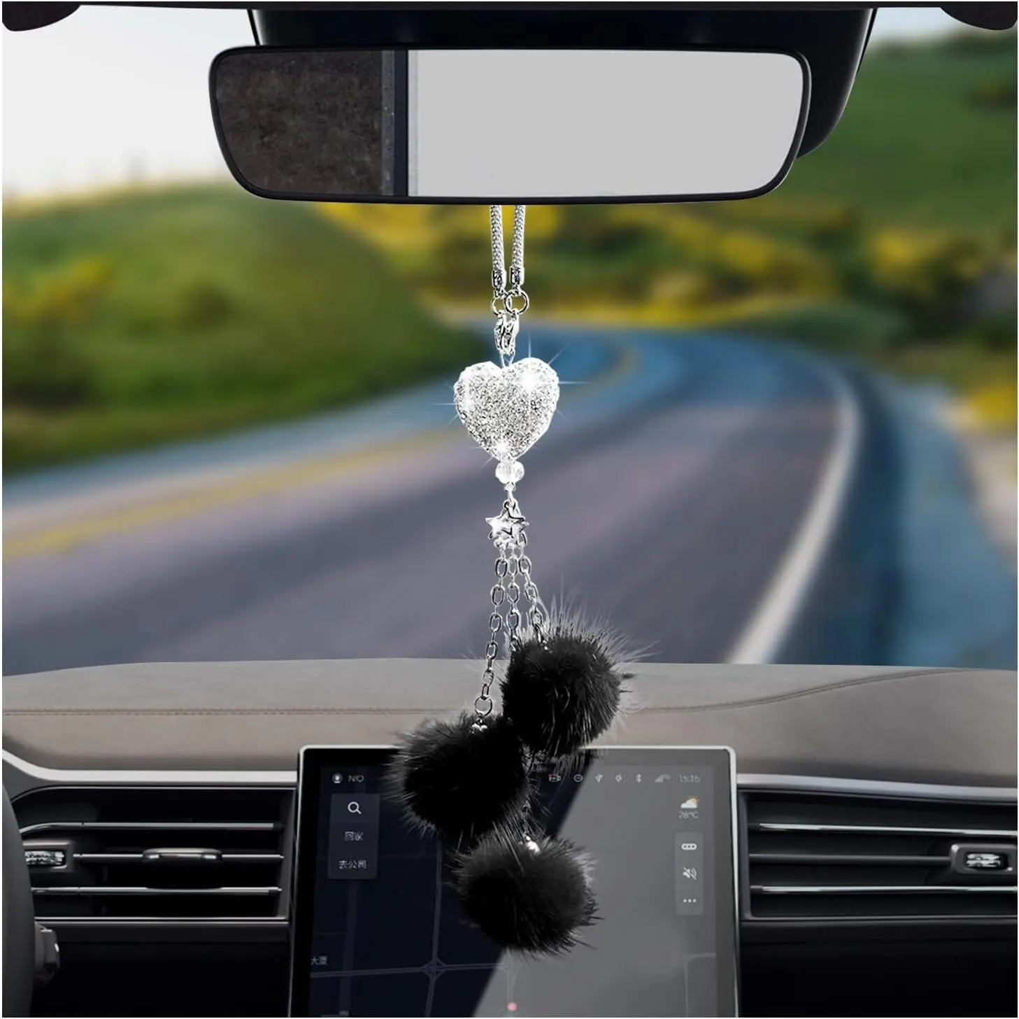 Girly Sparkle Effect Rhinestone Car Hanging Ornament - 1Pc Black Heart Crystal Moon-Pink Plush Ball Rear View Mirror Charm, 9.8in Length, Car Accessories, Home Decor, Valentine's Day/Mother's Day Gift, Accessories For Car