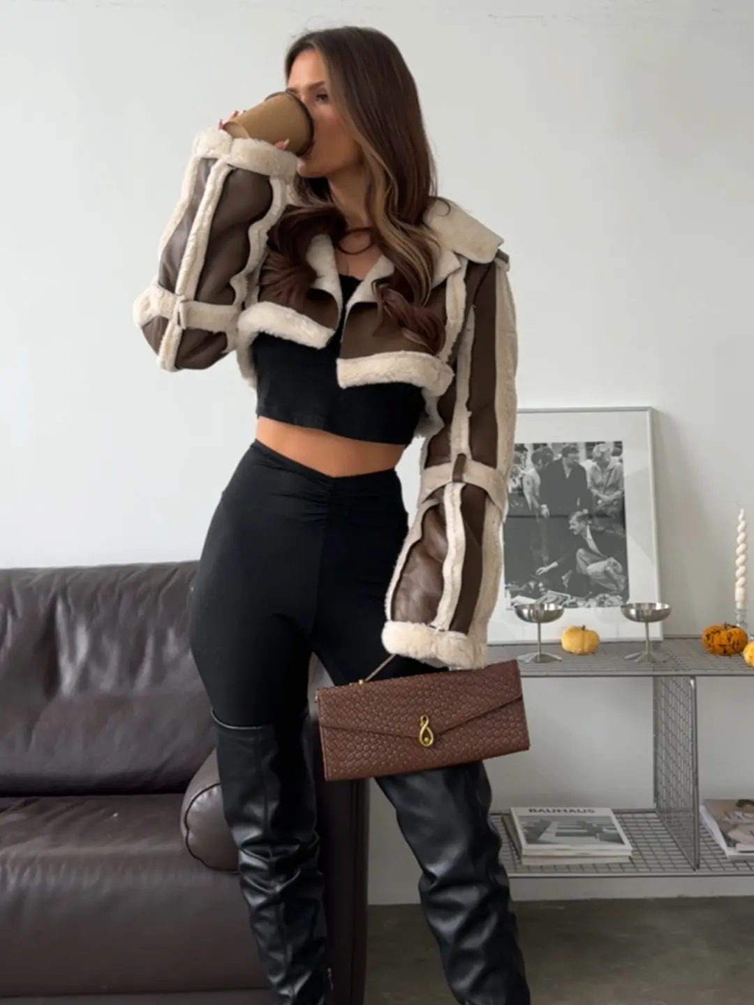 Cozy Chic Outerwear Cropped Faux Suede Sherpa Detailed Jacket Blazer with Oversized Sleeves