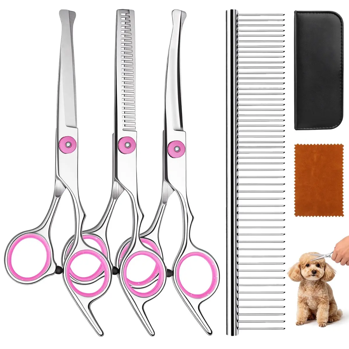 DSOOLO 4-in-1 Professional Dog Grooming Scissors Kit with Safety Round Tips for Dogs, Cats - Pink Pet Grooming Shears