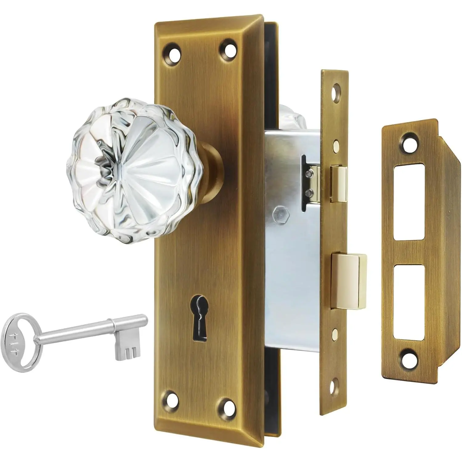 Mortise Lock Set for Interior Door, Antique Brass Door Knobs with Lock and Skeleton Key, Crystal Glass Door Knobs for Old Style Door