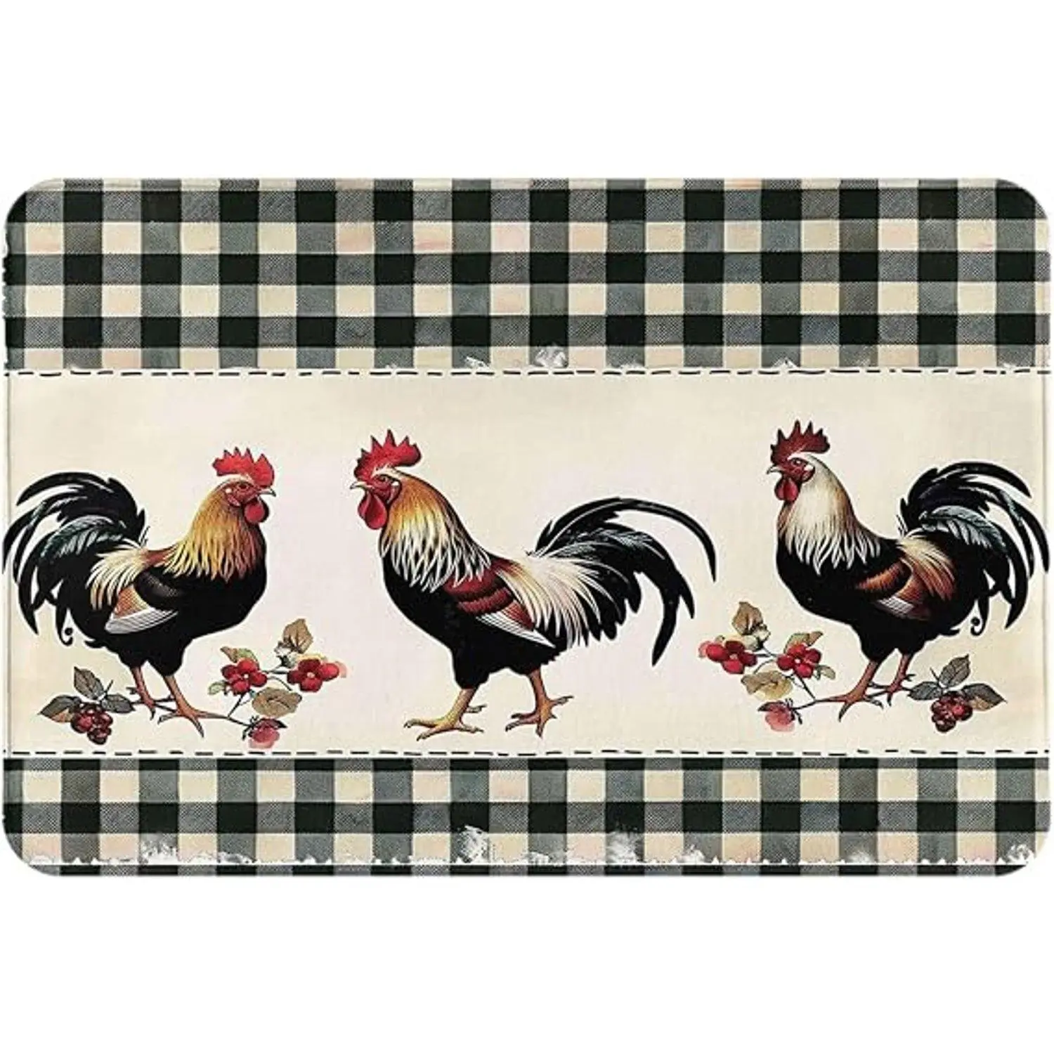 Flannel Black White Buffalo Plaid Three Rooster Berry Farmhouse Kitchen Bath Doormat