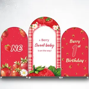 Red Strawberry Pattern Arch Backdrop Cover for Summer Fruit Theme Party Photo Booth