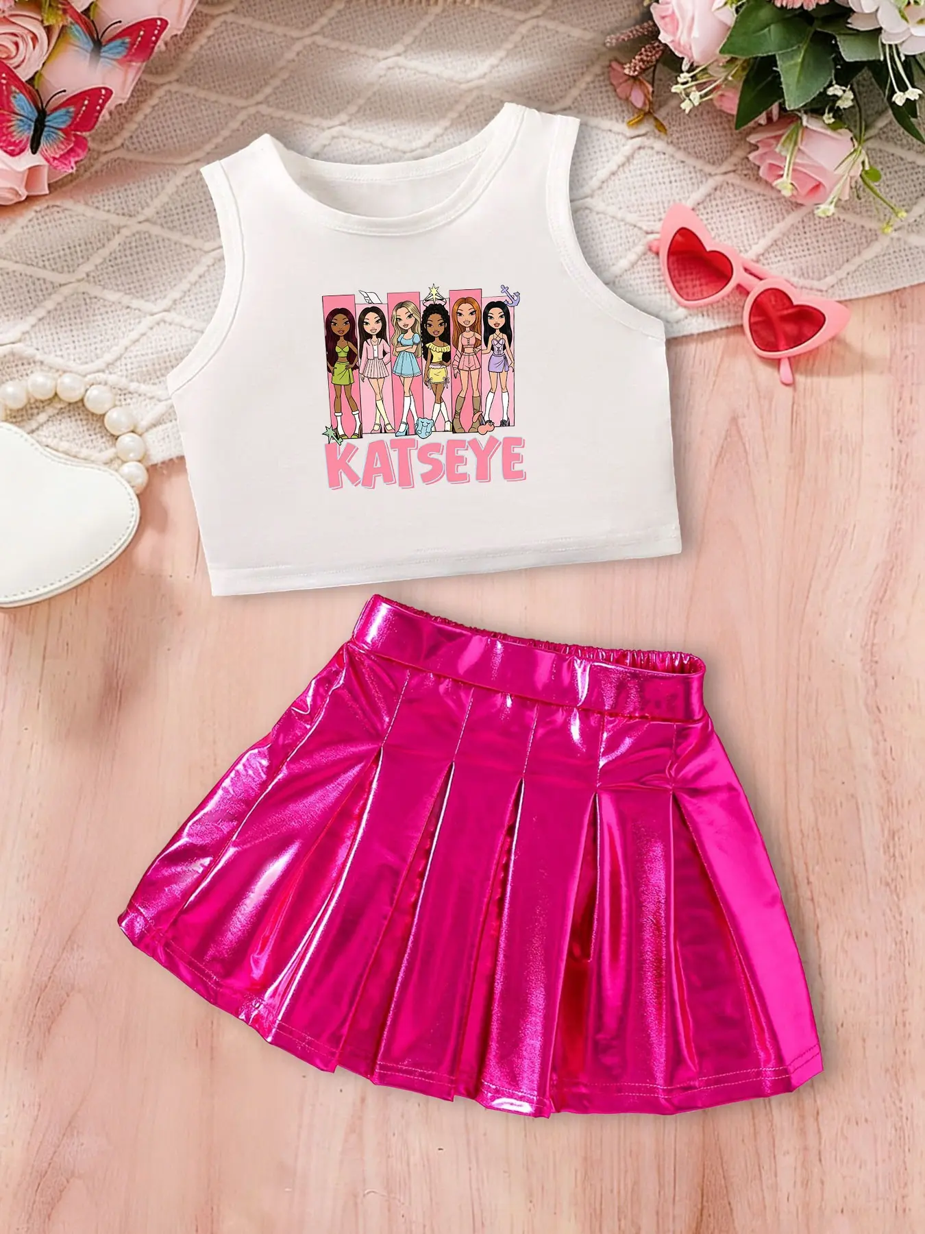 Girls' Summer Sweet Cool Sleeveless Set, Katseye Cartoon Print, Loose Fit Skirt, Breathable, Trendy Street Style, Perfect for Outdoor Activities, Casual Summer Set, Summer Clothes Set