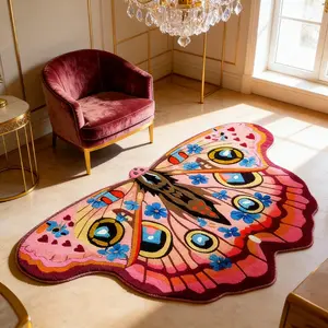1pc Ins Pastoral Pink Butterfly Living Room Decoration Carpet Decorative Area Rug Light Luxury Retro Blue Bedroom Plush Rug Colorful Flower Lounge Coffee Table Washable Foot Mat Fluffy and Soft Bathroom Non-slip Mat Boho Floral Rug