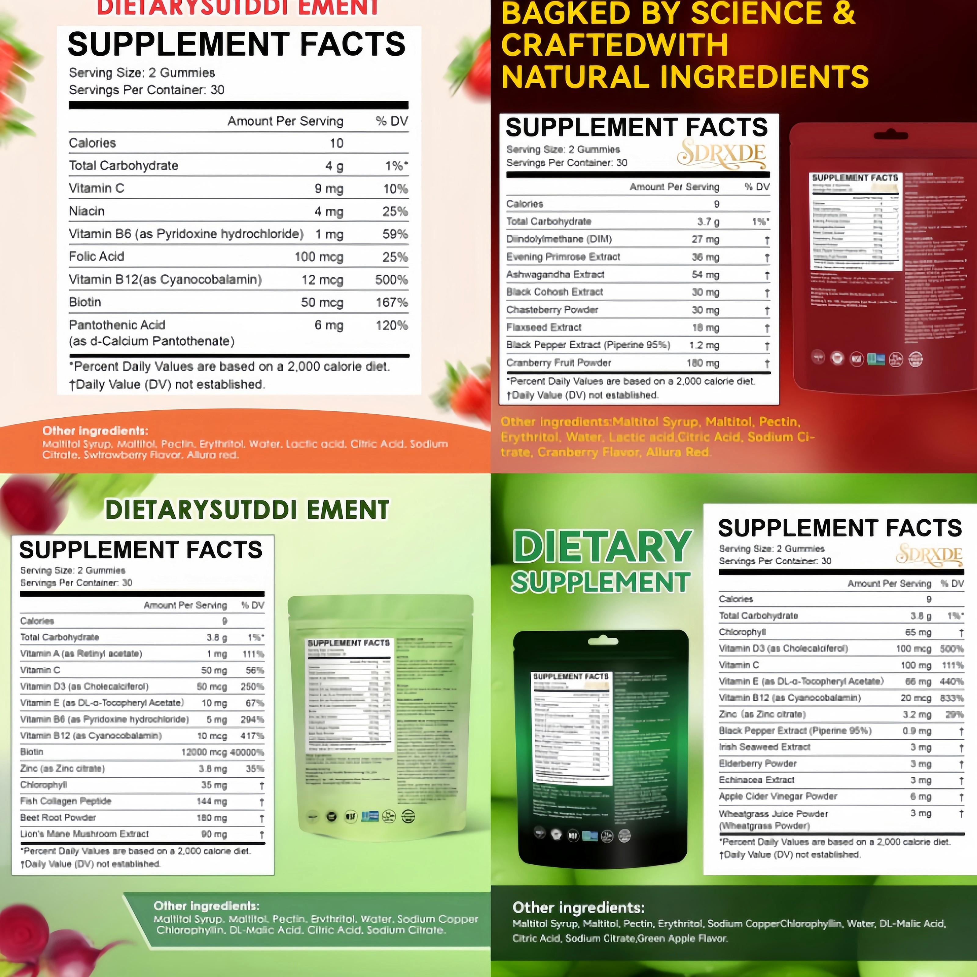 SDRXDE  4-Pack Gummies Bundle - Chlorophyll+Cranberry+B-Complex+Collagen  Women’s Daily Wellness 60 Gummies Pack Mint Flavored Nicotine Polacrilex Gum vitamin e d3 k2 smooth multivitamin combo health supplement ph balance mk7 gut cortisol flora fluid iu