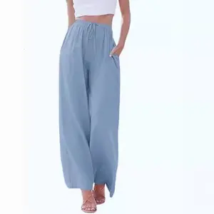 2025 Women's Wide Leg Linen Pants – High Waist Drawstring Trousers with Pockets, Casual Loose Fit for Summer, Plus Size Available