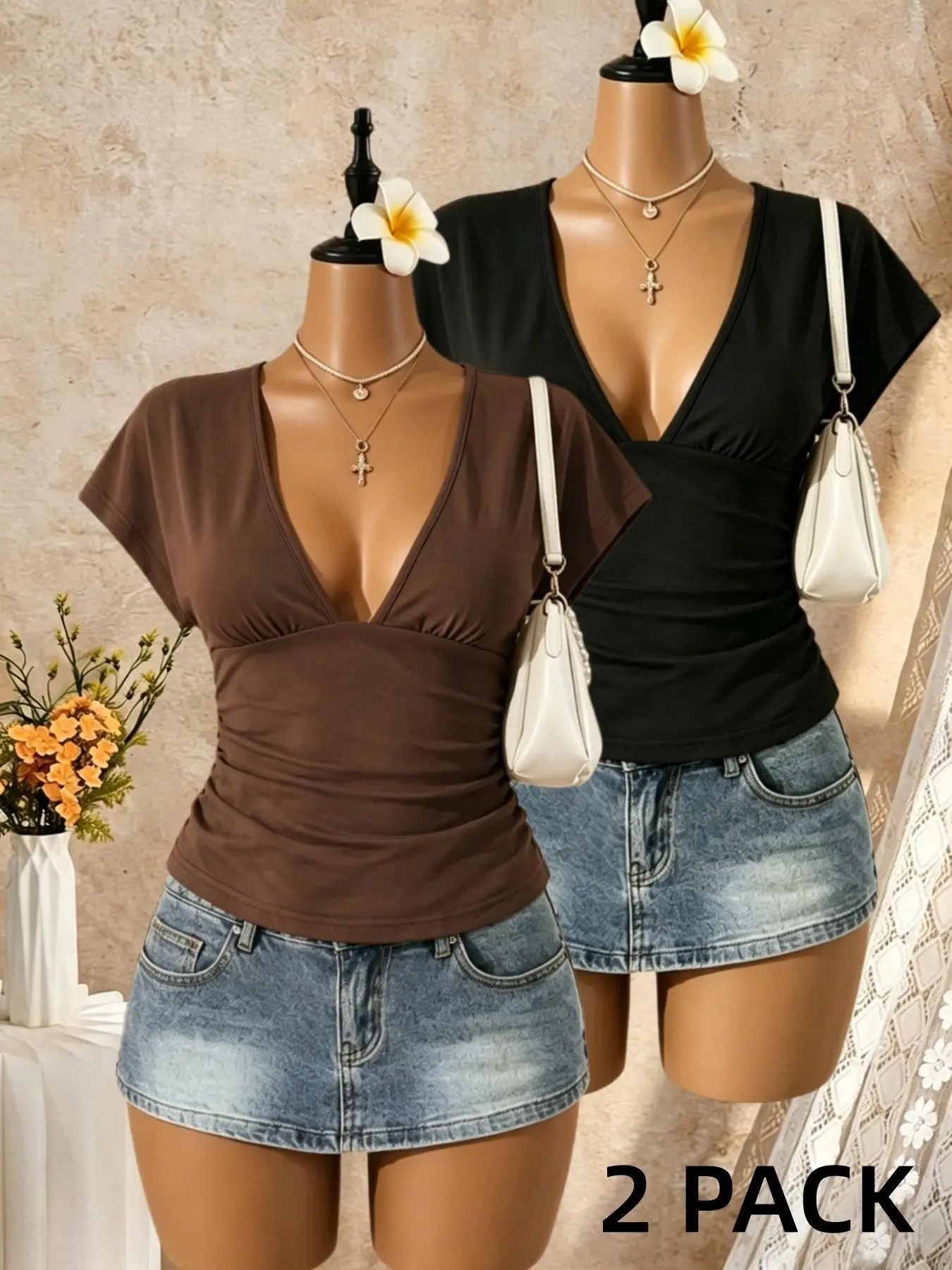 2-Pack Sexy V-Neck Short Sleeve T-Shirts for Women, Fit Waist-Cinch Pleated Slimming Design, Summer Casual Fashion Tops