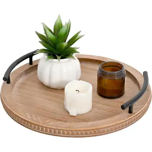 Brown Wooden Beaded Serving Tray with Handle Decorative Rustic Tray for Coffee Table Farmhouse Round Tray for Kitchen, Living Room and Bedroom