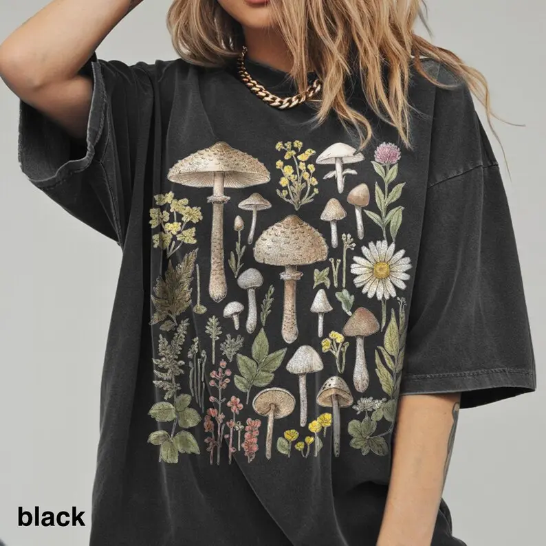 Comfort Colors Vintage Botanical Mushroom TShirt, Wild Fungi Study Illustration, Cottagecore Nature Graphic Tee