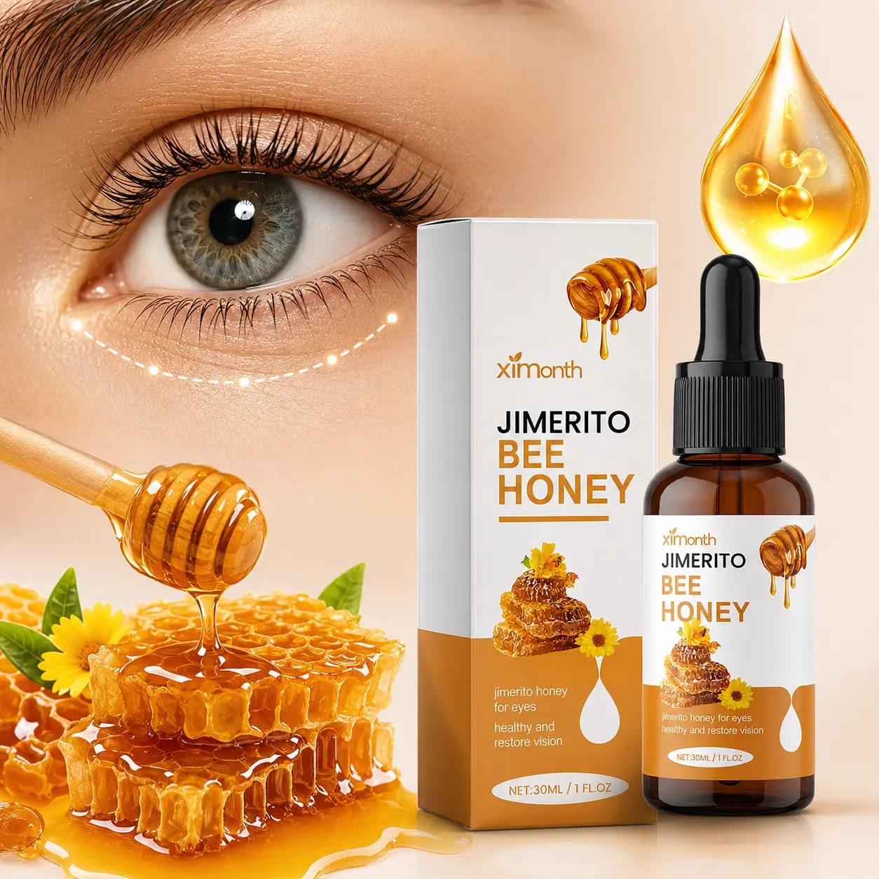 Honey Eye Serum, Hydrating Under Eye Care Liquid with Dropper Applicator, Lightweight Eye Treatment for Daily Skincare Routine, Natural Beauty Care for Smooth-Looking Eye Area