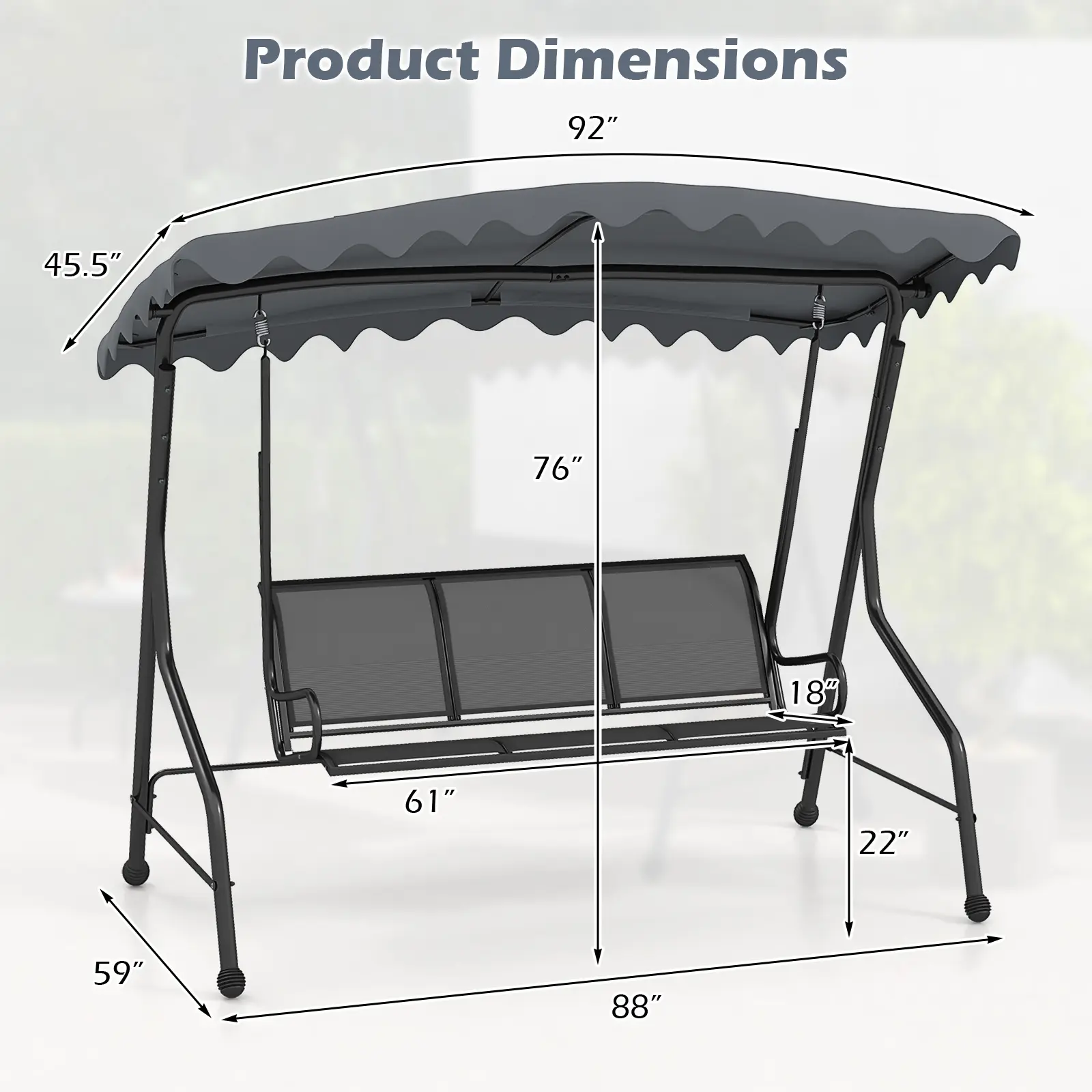 COSTWAY - 3-Seat Outdoor Porch Canopy Swing with Adjustable Shading-Gray