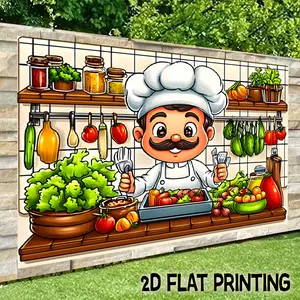2D flat banner 1pc party Festival banner Vibrant cartoon chef with fresh vegetables and cooking utensils Theme scene-Multi functional decoration suitable for festivals, courtyards, studios, homes, and garden celebrations - the perfect holiday gift
