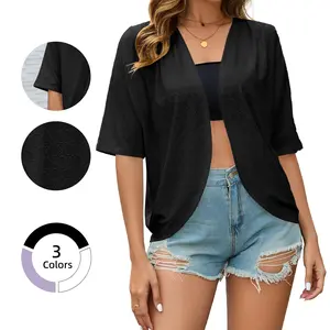 Chicovar Women Cardigan Summer Open Front Basic Kimono Eyelet 3/4 Batwing Sleeve Knitwear Minimalist Tops Lady Lightweight Dressy Cardigans Loose Casual Cover Up Tops