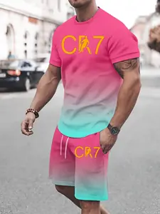Men's Cr7 Football Sports Set, Summer Gradient Dry Short Sleeve Shorts, Youth Cristiano Ronaldo Training Jersey Shorts Two-Piece Set