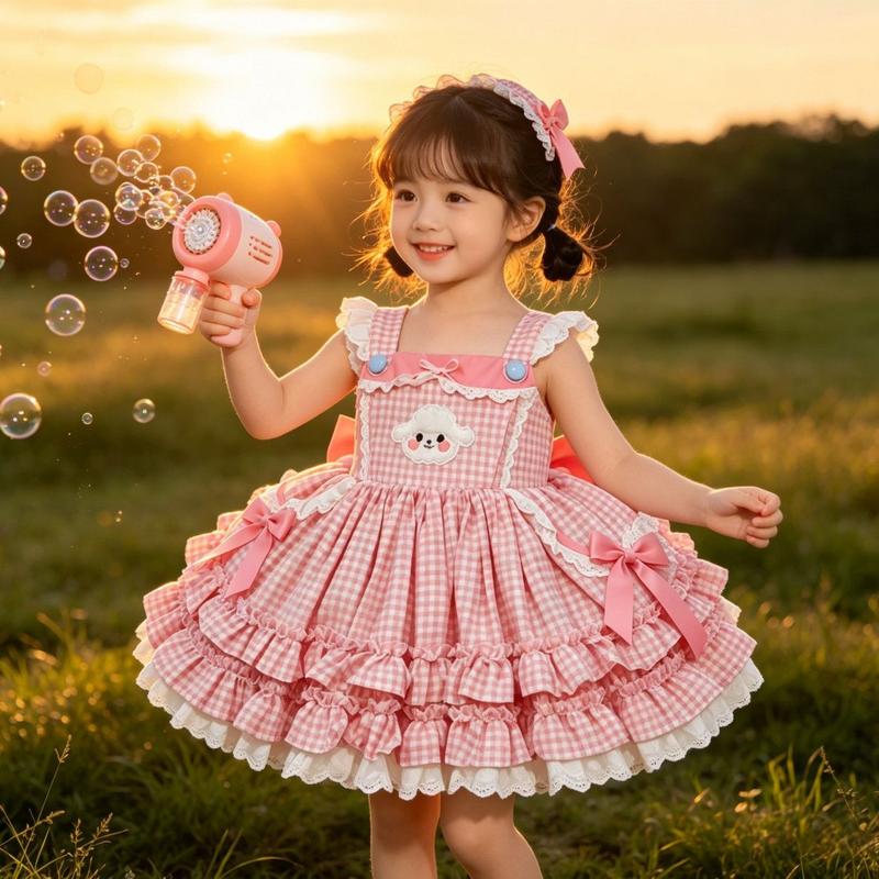 Girls' Toddler Checkered Plaid Lovely Bow Knee-Length Dress - Ruffled, Lace-Accented Party Gown for Kids' Birthday, Special Occasions (Hand Wash Only, Do Not Dry Clean)