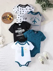 5-Piece Baby Triangle Jumpsuit Set for Boys Gentleman Airplane Theme Newborn Cotton Crawling Suit Comfortable & Stylish
