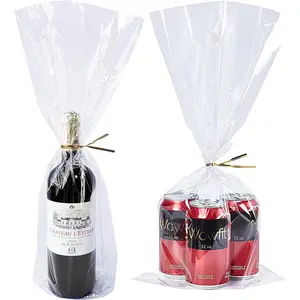 50 CT 9x20 Inches Clear Flat Cellophane  Bags with 6"  Twist Ties - Large Cello Bags for  Bottles, Gifts, Cookies, Mugs, Candies, Party Favors & Wrapping - Sturdy &  Clear
