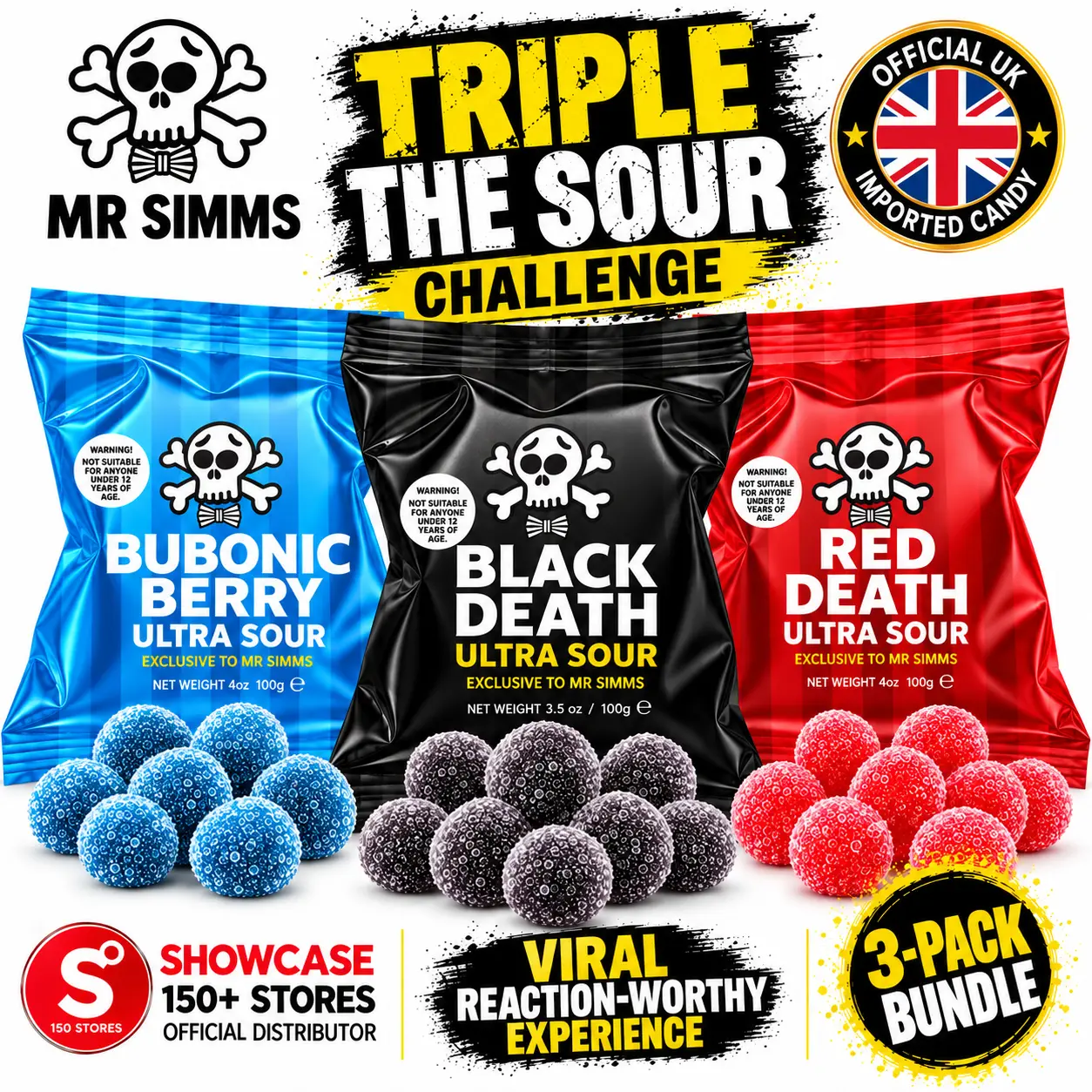 Official Mr Simms Ultra Sour Challenge 3-Pack Bundle – Black Death, Red Death & Bubonic Berry – UK Import