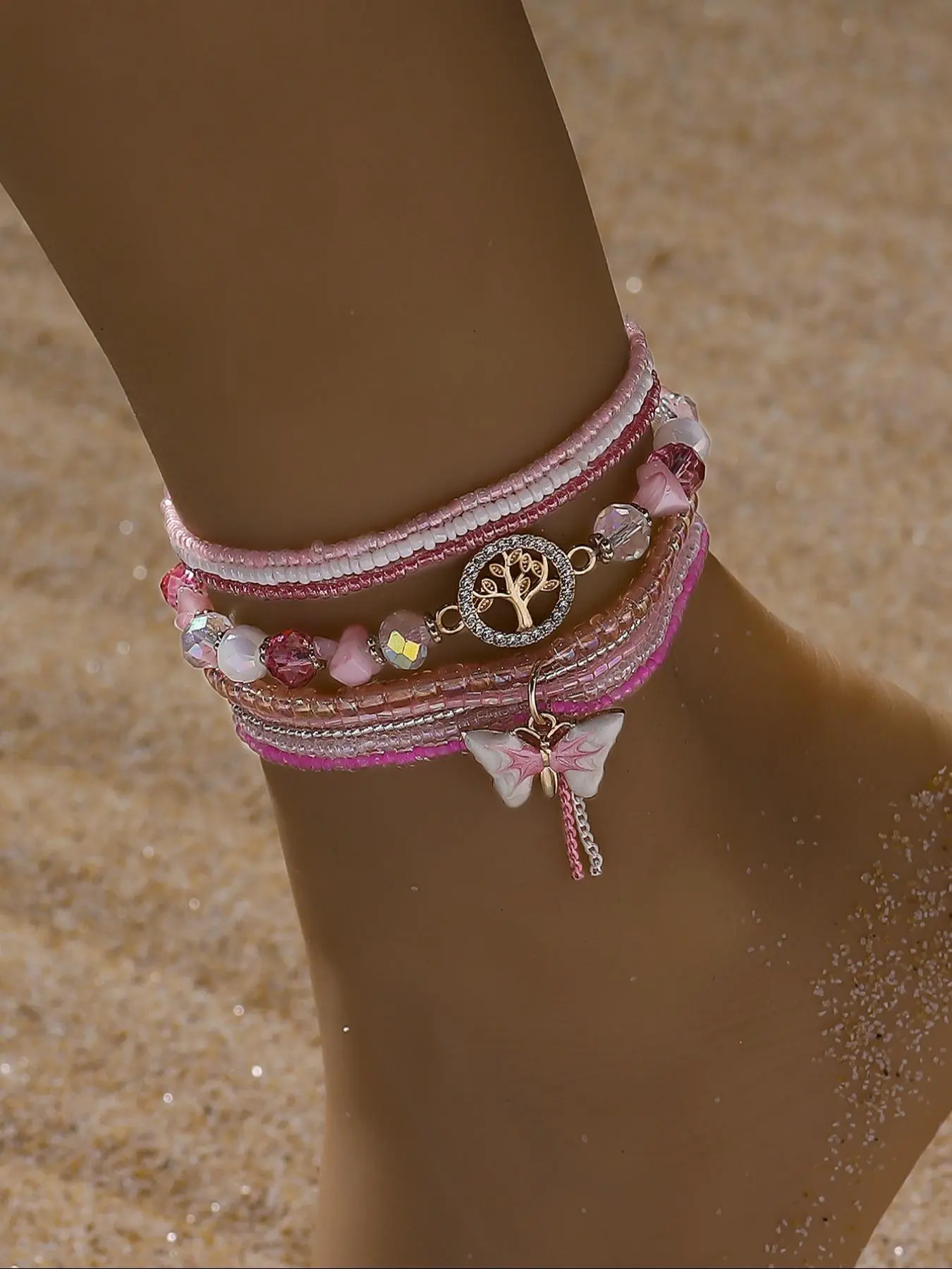 Women's Elegant Butterfly & Tree Of Life Design Anklet, Cute Trendy Barefoot Sandals Anklet, Fashionable Body Jewelry for Women & Girls, Dainty Layered Anklet, Boho, Fashion Chic Accessories