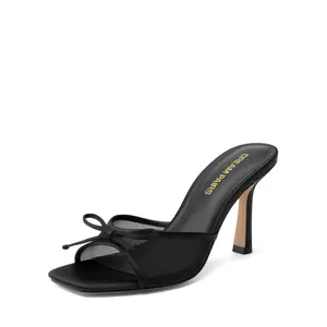 DREAM PAIRS Women's Square Open Toe Heels With Bow Vintage Slip on Stiletto High Backless Dressy Sandals for Daily Party