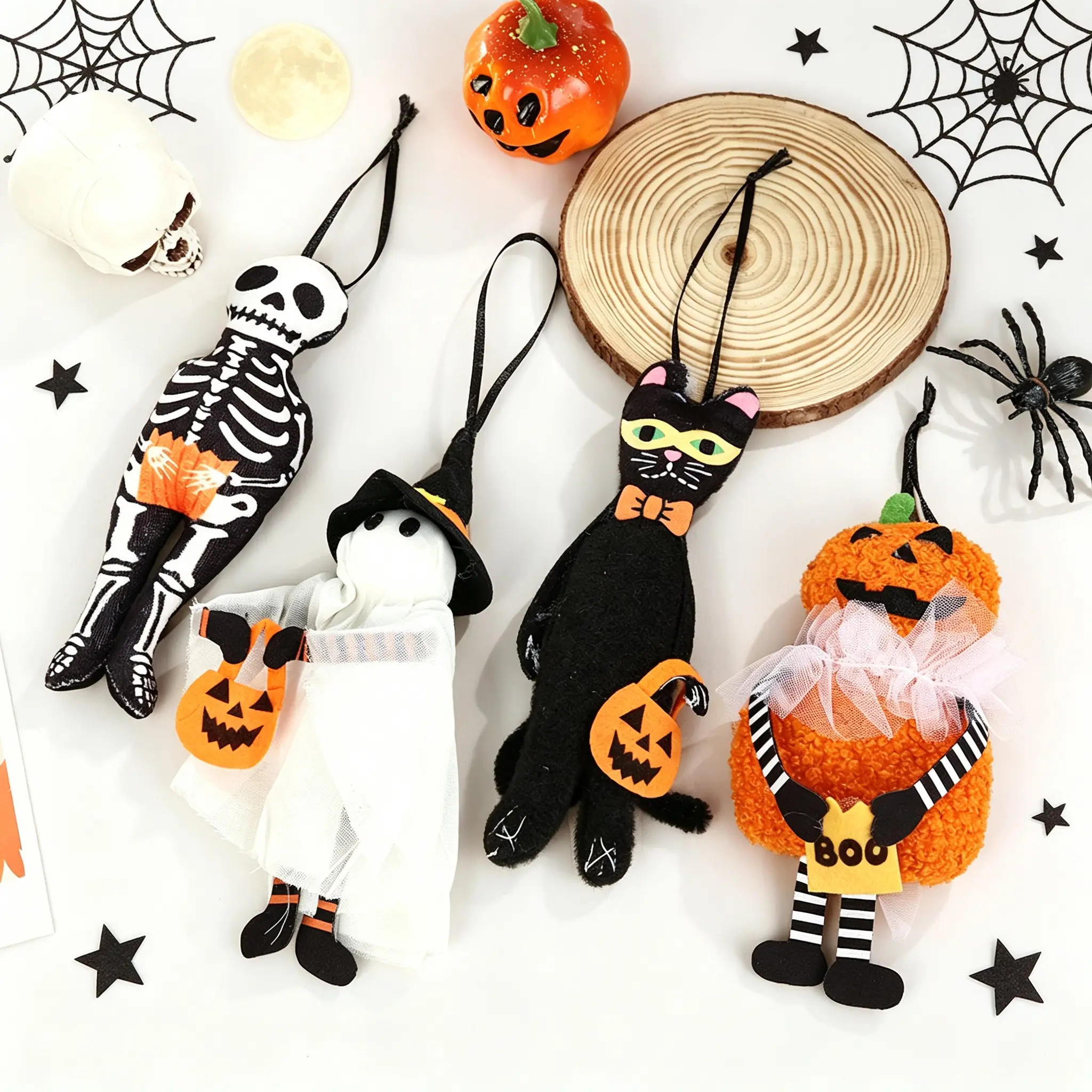 Halloween Hanging Ornaments, 4-Piece Set of Cute Cartoon Doll Pendants, Spooky Mini Sized Charms for Party Decorations and Window Tree Hang, Spooky Halloween, Four