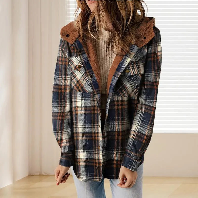 Women's Plaid Flannel Coat, Retro Hooded Shirt Jacket, Casual Loose Quilted Outerwear for Autumn Winter, Style, Full Sleeves, Loose Fit, Polyester, Plaid Print, Lattice, Vintage, Everyday, Long Sleeve, Soft