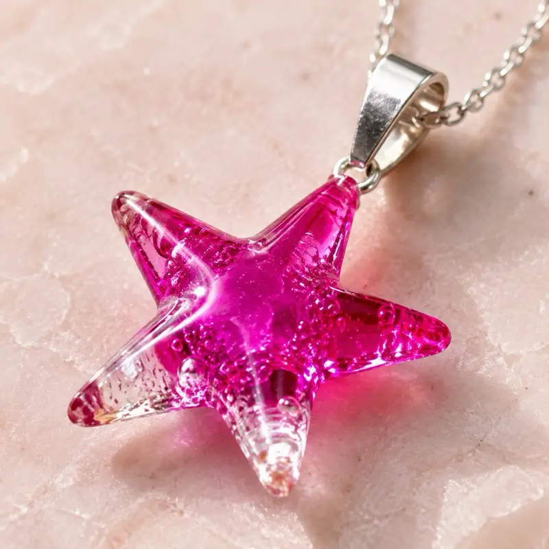 Pink Dichroic Glass Starfish Pendant Necklace – Handmade 1″ Ocean-Inspired Pendant on 21″ Sterling Silver Chain