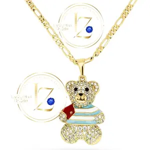 COD2013  Cuban Flag Bear Pendant with Figaro Chain 3 mm Wide Gold Plated Necklace for Women