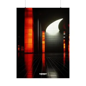 Futuristic Crescent Moon Architectural Art Print - Modern Interior with Orange Glow - Contemporary Design Wall Art by MEREKI GALLERY