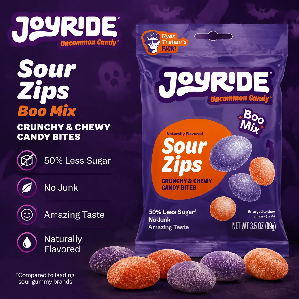 Joyride Low Sugar Sour Halloween Boo Zips Gummies 3.5 oz 10 Count Halloween Gummy Candy