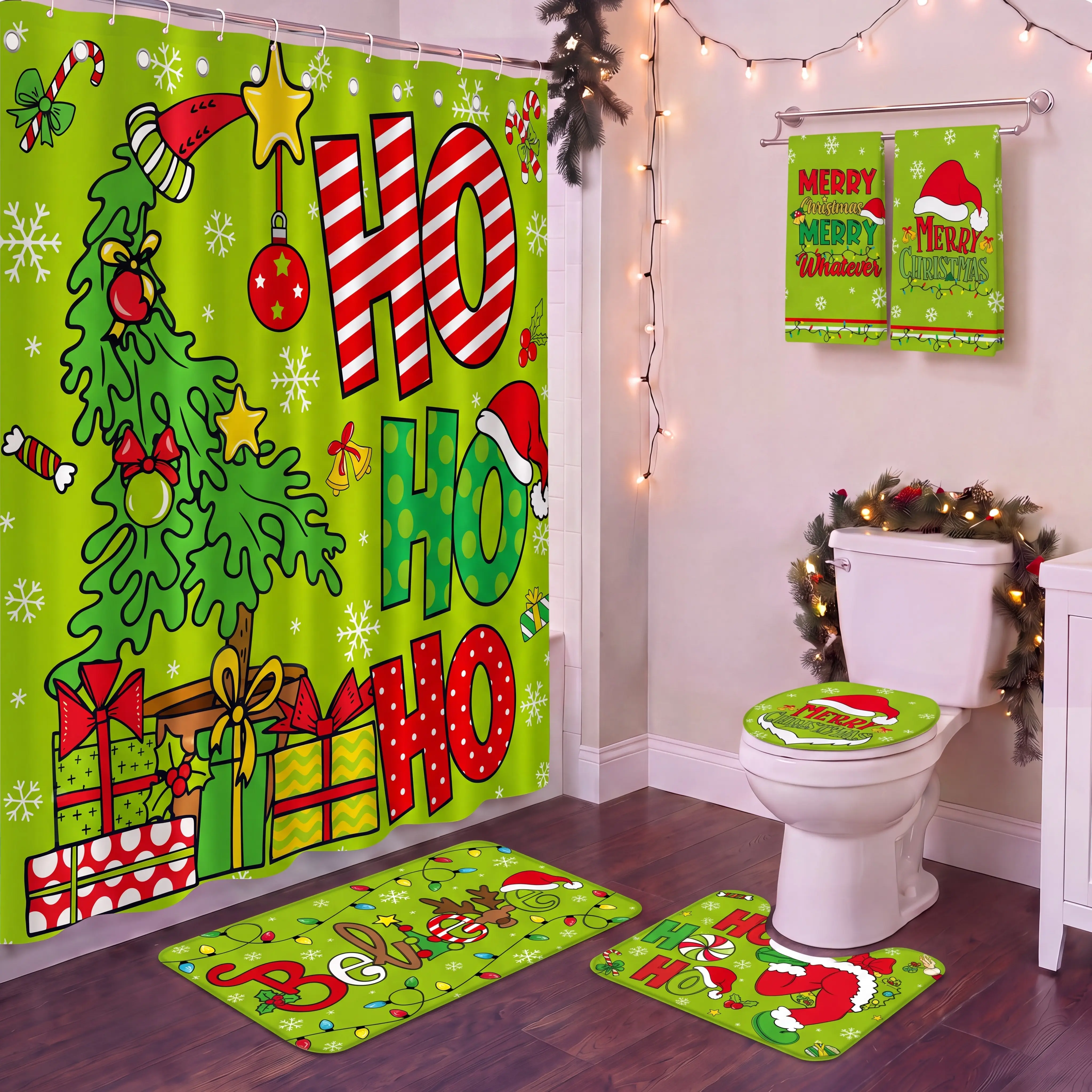 6 Pcs Green Christmas Bathroom Decor Naughty Bathroom Makeover 72x72 inch Waterproof Shower Curtain & Non Slip Rugs & Toilet Lid Cover Guest Bathroom Decor HO HO HO Holiday Bathroom Styling Christmas Decorations Decorate with Me Christmas Cozy Xmas Gift