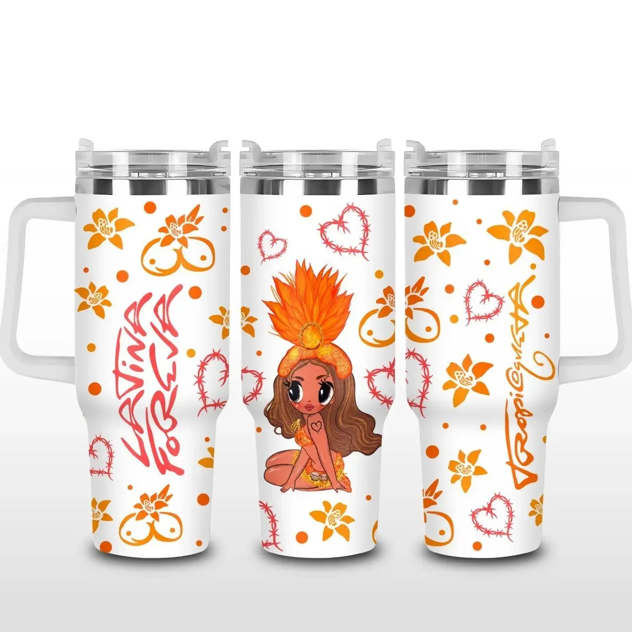 Tropical Latin Pop Inspired 40oz 30oz 20oz Tumbler with Handle | Retro Tour Aesthetic Stainless Steel Insulated Travel Mug | Leakproof Fan Gift