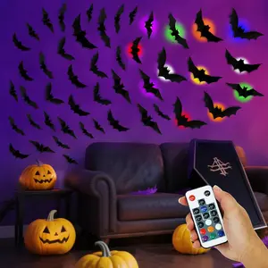 12 Lights & 48 Bats Halloween Decoration Kit with Remote Timer, Color Changing Light up Bats Wall Decor, 10 Different Size 3D Bat Stickers for Window Wall Living Room Bedroom Party Spooky Decor