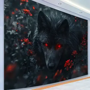 [Striking Polyester Tapestry] Striking Polyester Tapestry - Black Wolf with Realistic Red Eyes - Luxurious Wall Decor for Living Room, Bedroom, Office, Party Background - Unique & Fascinating Gift Idea