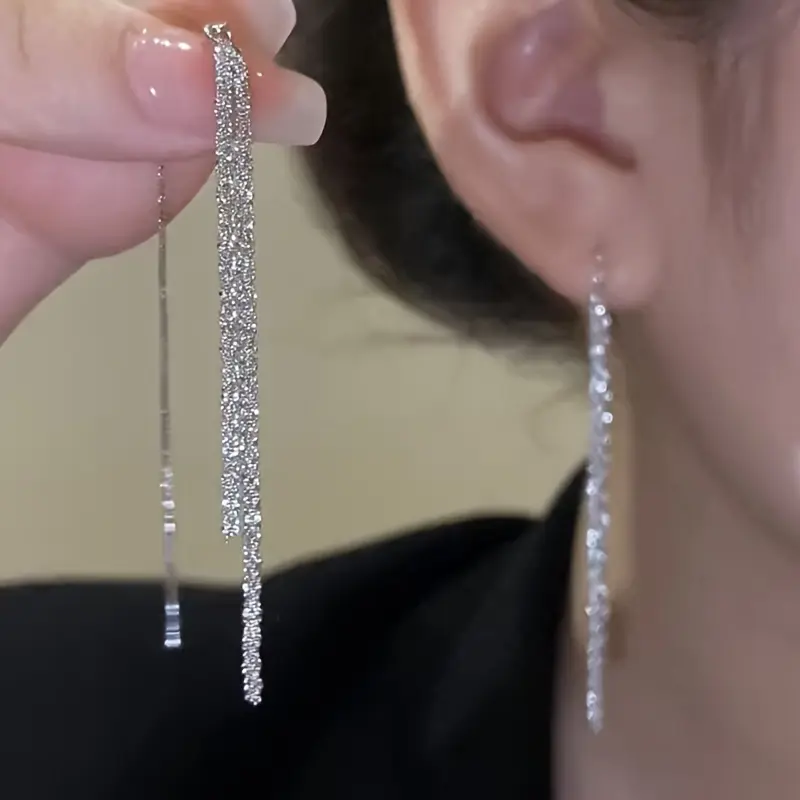 Long Slim Tassel Earrings for Women, Alloy Copper with a Shiny Finish, Fashion Costume Jewelry for Holiday Gifts, Long Length, Tassel Shape, Slim Length