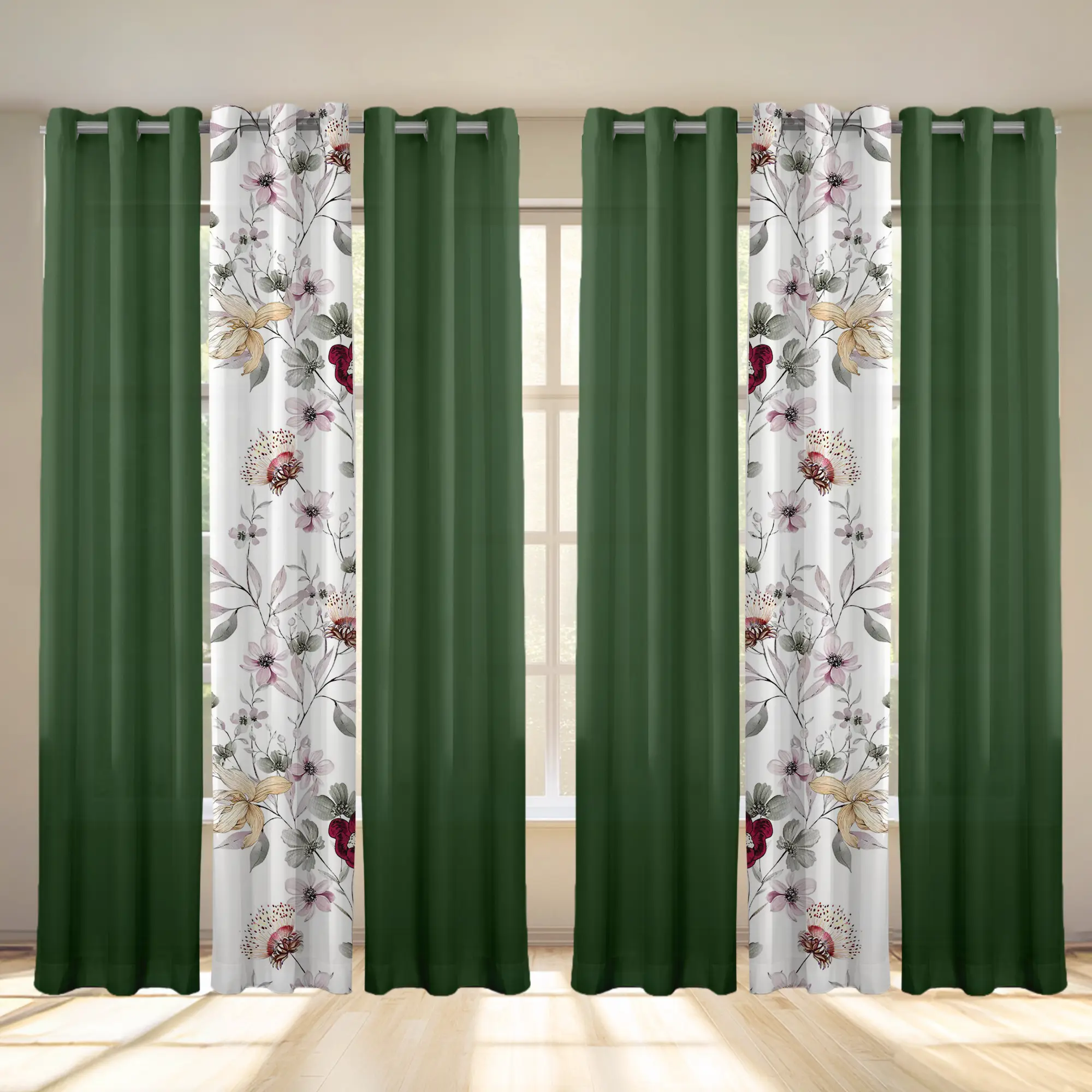Green Floral Curtains Set of 6 – 2 Print + 4 Solid | Light Filtering, Softens Glare, Breathable & Skin-Friendly | 1.6" Grommet Top, Machine Washable | 38"×84" for Living Room, Study