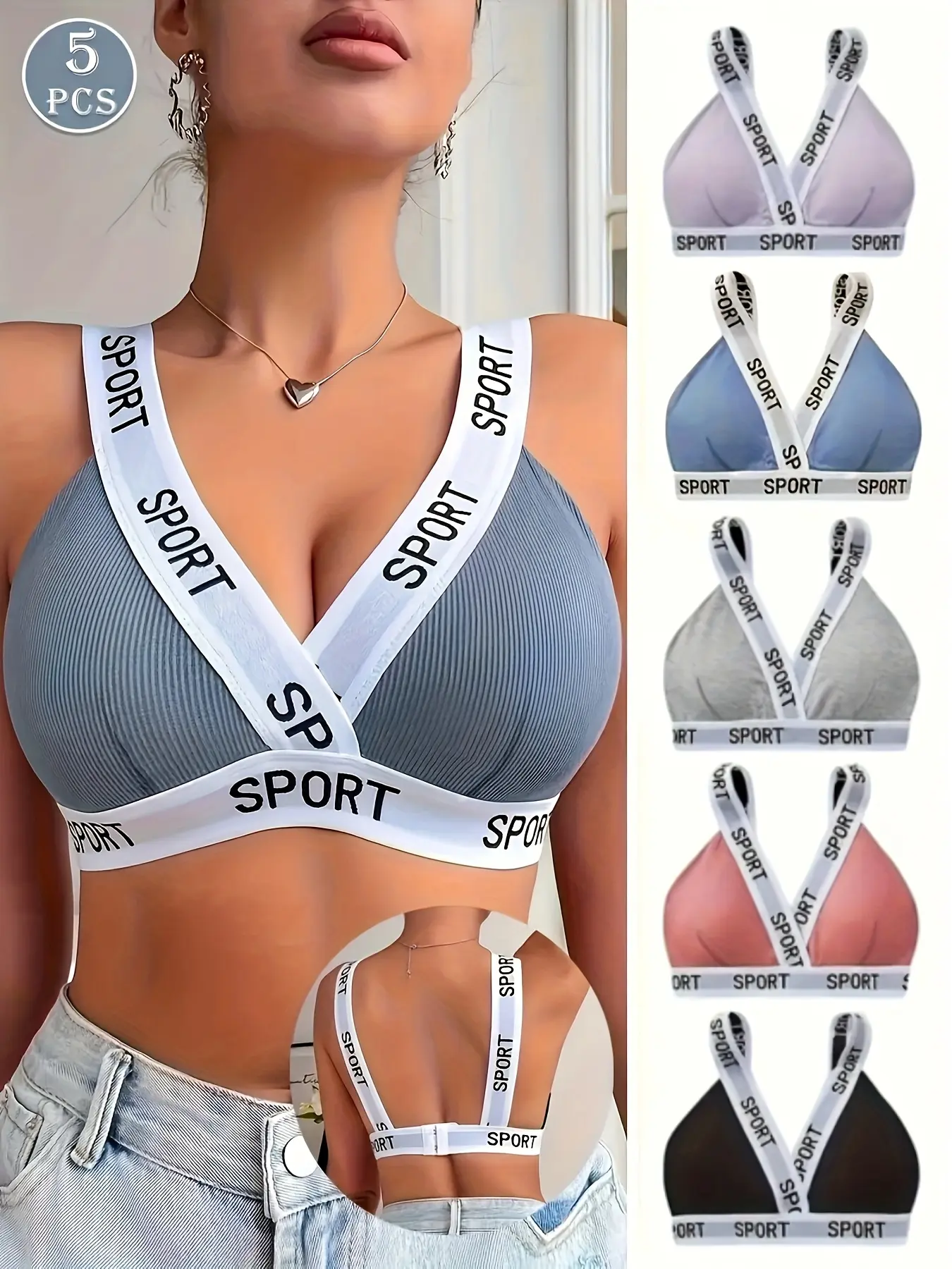 MIJOHO Women's 5-Pieces Dopamine Sports Bras - Sexy Triangle Cup Bralettes, Printed Athletic Tops, Breathable Wireless Bras for Women, Daily Wear, Workouts (6318)