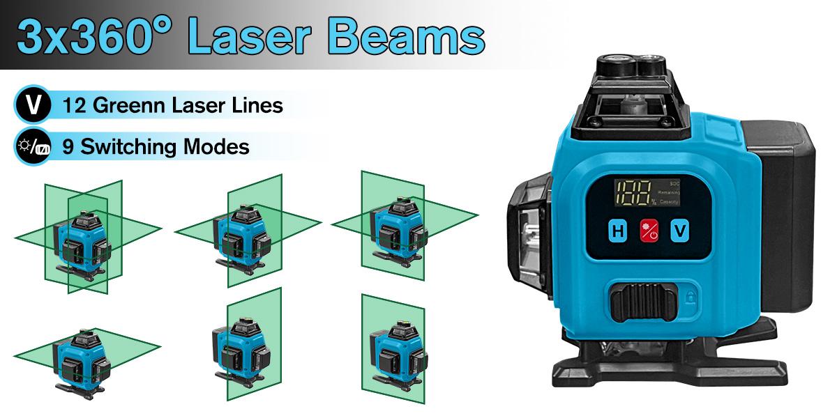 Tanlook Laser Level, 3×360° Self-Leveling Laser Level, 16 Lines Green Beam 4D Laser Level, equipped with 2 lithium batteries, suitable for picture hanging, tile laying, home renovation and indoor projects