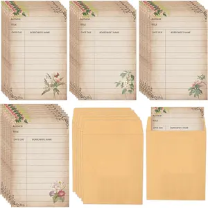 80 Pack Self Adhesive Library Card Pocket with Envelopes Due Date Note Cards Vintage Library Reading List Bookmark Card for Book Checkouts Classroom Supplies (Flower)