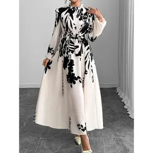 Elegant floral print belted dress — long sleeves, mock neck, ruffle trim — women’s casual summer fabric