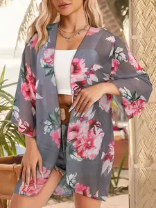 Floral Printed Kimono Cardigan Loose Blouse - Pink Floral Pattern on Grey Background