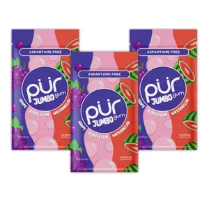 PUR Jumbo Gum | Aspartame Free Chewing Gum | 100% Xylitol | Natural Bubblegum, Grape, Watermelon Flavor, 20 Pieces (Pack of 3)