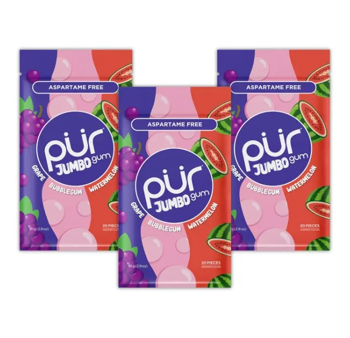 PUR Jumbo Gum | Aspartame Free Chewing Gum | 100% Xylitol | Natural Bubblegum, Grape, Watermelon Flavor, 20 Pieces (Pack of 3)