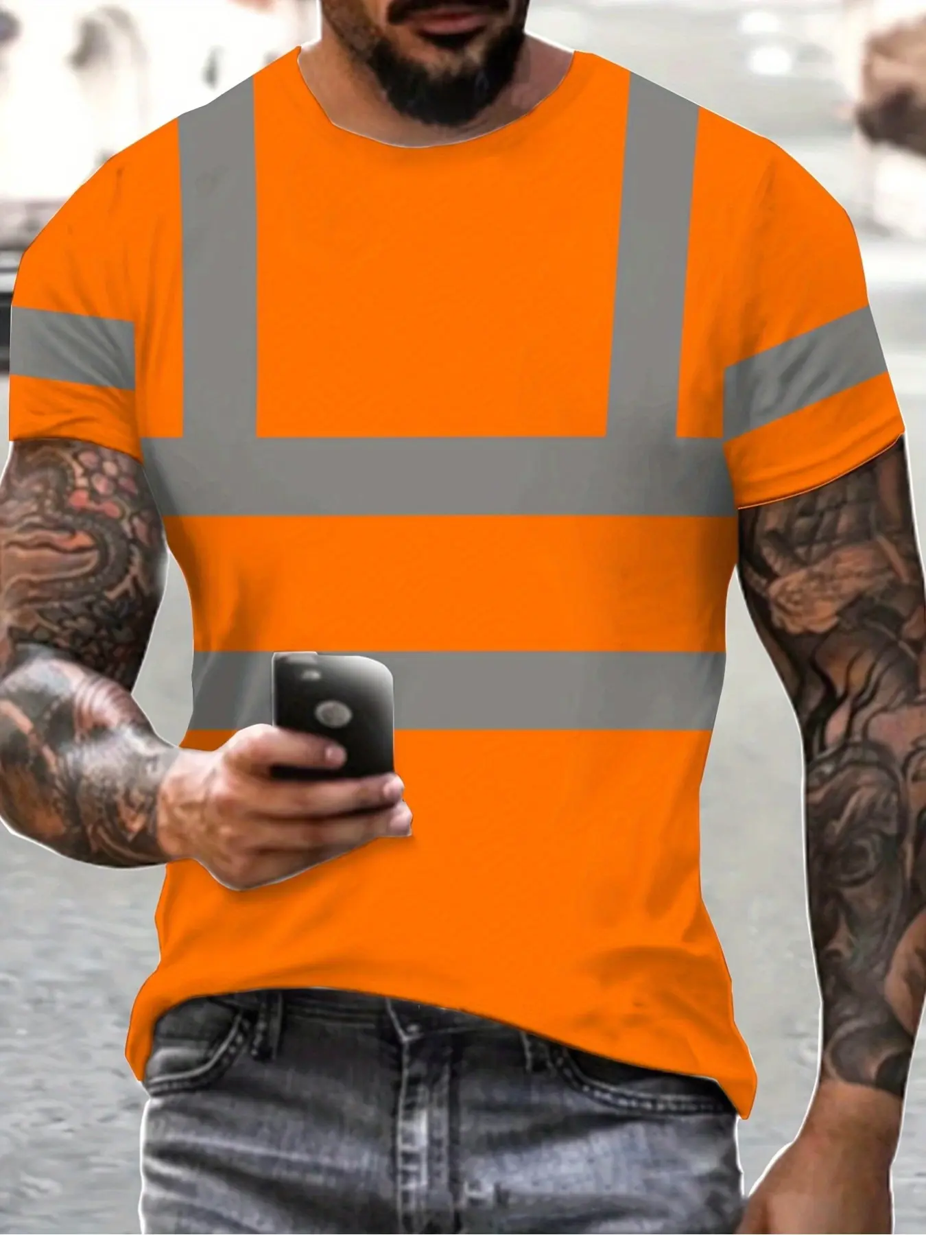 Large-sized men's special short-sleeved T-shirt - Orange base color with silver stripes design, comfortable fabric that can be machine washed, and imitation safety workwear design