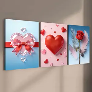 3-Piece Wooden Frame Canvas Art Set, Dreamy Diamond Heart Design Feather Rose Combination Decorative Posters, Modern Home Decoration Wall Art, Waterproof