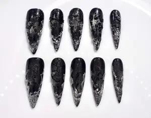 Black Gothic Stiletto Press On Nails | Silver Lace Texture | Ice Crystal Effect | Dark Elegant Nail Art | Black Shiny Gothic Halloween Nails