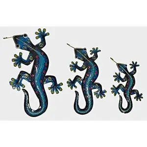Beautiful Unique Set of 3 Teal Geckos Lizard Metal Tropical Island Wall Art