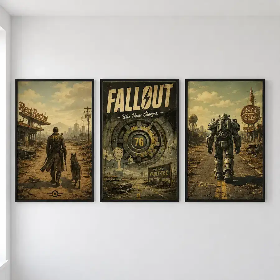 Fallout 3 Piece Wall Art Set, Wasteland Power Armor Retro Gaming Decor, 3 Panel Post Apocalyptic Gamer Room Poster Prints