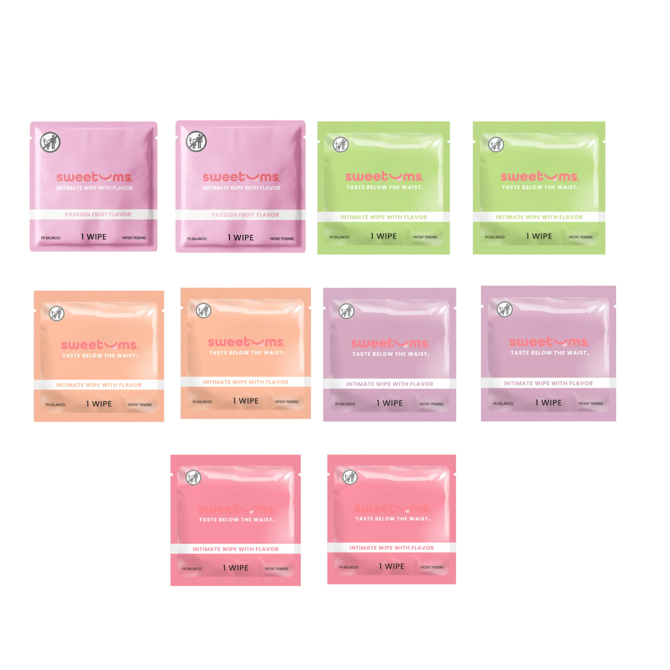 SWEETUMS Fruit Flavored Wipes Sample Pack Feminine Wipes - 10 Wipes per Box - Scented, pH Balanced, Gynecologist Tested, Dermatologist Tested - Passion Fruit Watermelon Mango Cherry and Grape Wipes with Essence Scent and Flavor