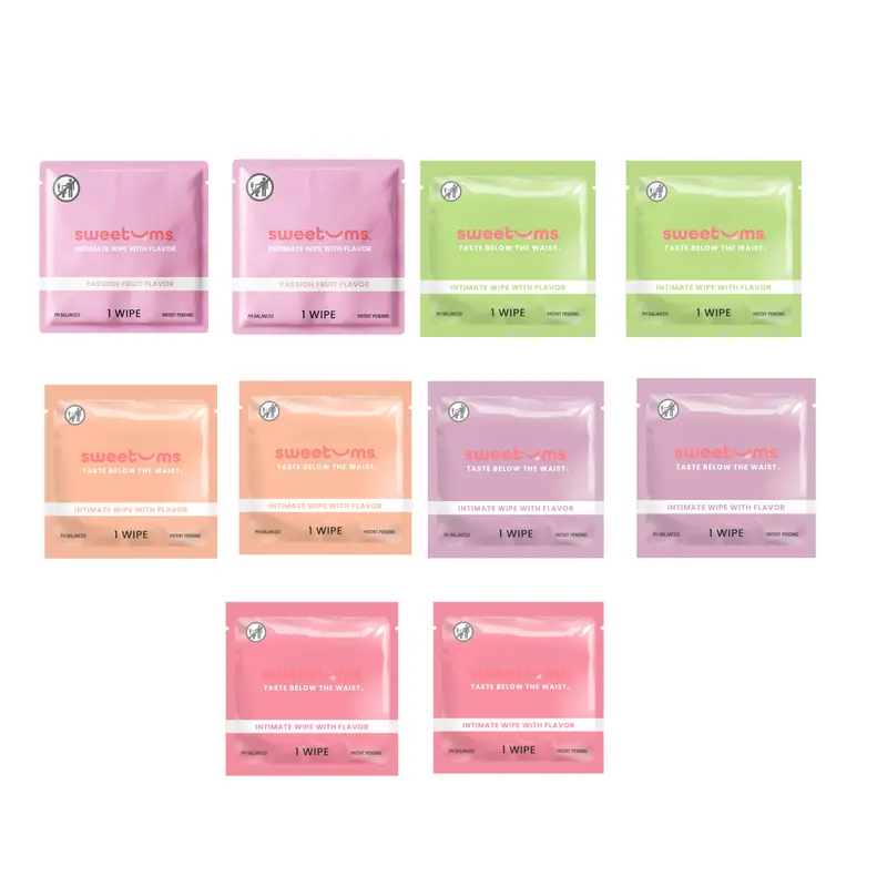 SWEETUMS Fruit Flavored Wipes Sample Pack Feminine Wipes - 10 Wipes per Box - Scented, pH Balanced, Gynecologist Tested, Dermatologist Tested - Passion Fruit Watermelon Mango Cherry and Grape Wipes with Essence Scent and Flavor